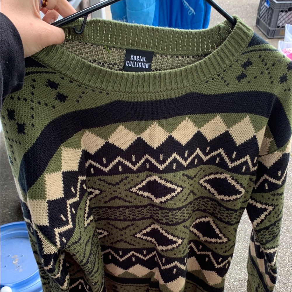 Social Collision Green and Black Patterned Sweater